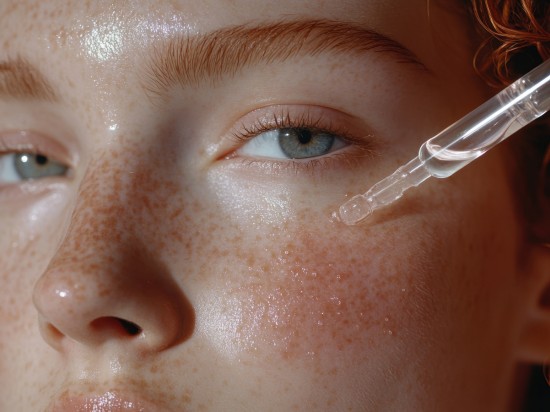 Zbliżenie na kobiecą twarz na którą nakładane jest serum do twarzy.