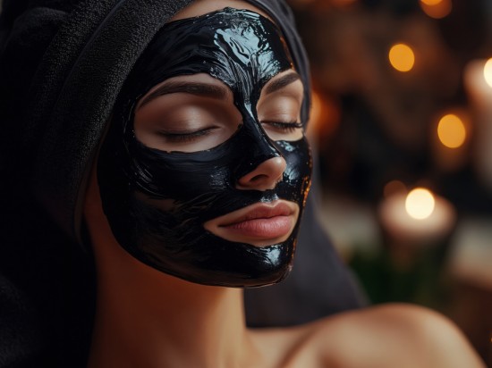 Kobieta w czarnej maseczce do twarzy węglowej leży i relaksuje się wieczorem.