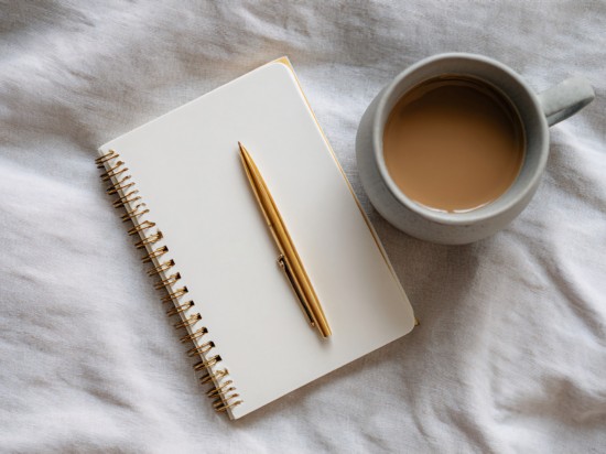 Na pościeli stoi filiżanka kawy oraz leży notatnik z długopisem do rozpoczęcia porannych rytuałów.