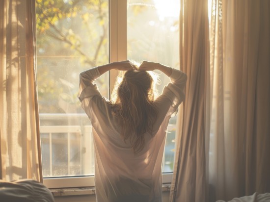 Kobieta po przebudzeniu rozciąga się przed oknem o wschodzie słońca.