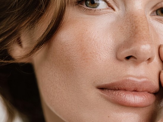 Zbliżenie na skórę twarzy z naturalną teksturą, piegami i nawilżonym wykończeniem.