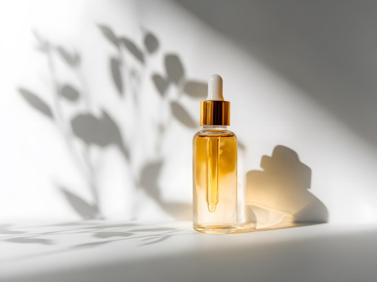 Serum do twarzy w sklanej przezroczystej butelce stoi na białym tle z cieniem kwiatów.