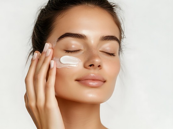Kobieta nakłada na policzek krem do twarzy z zamkniętymi oczami jako jeden z kroków codziennej pielęgnacji.
