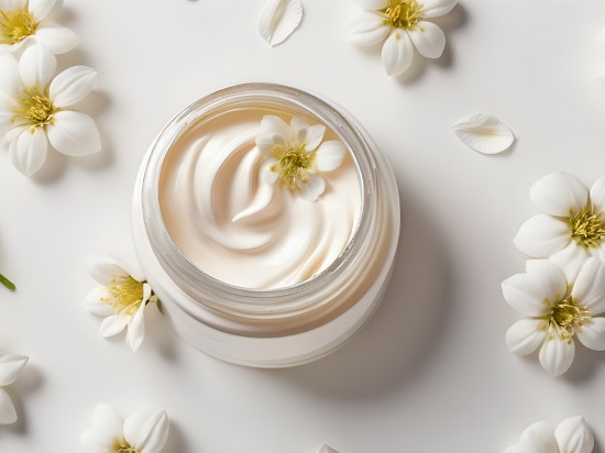 Krem do twarzy na białym tle w otoczeniu kwiatków.