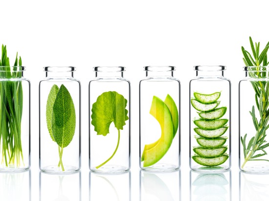 Szklane fiolki z różnego rodzaju roślinami