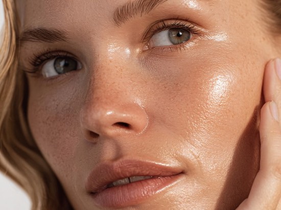 Zbliżenie na zdrową i pełną blasku skórę twarzy kobiety