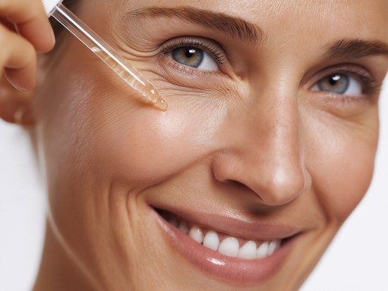 Uśmiechnięta, dojrzała kobieta nakłada pipetą serum na twarz