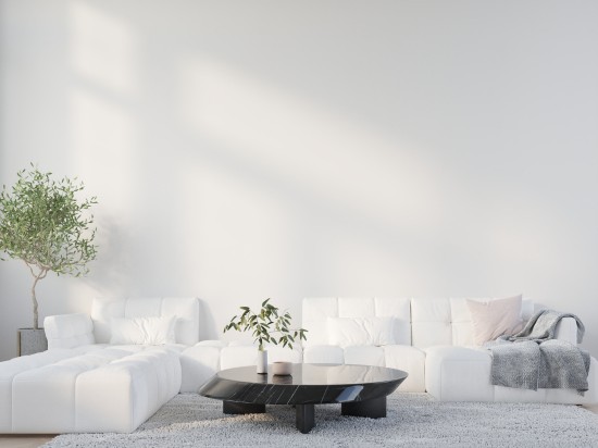 Salon z białymi kanapami przedstawiający jak można zachować minimalizm w domu.