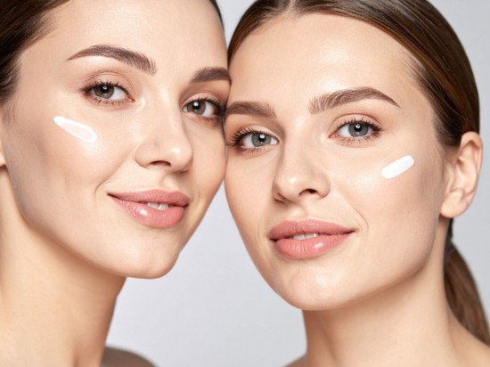 Dwie uśmiechnięte kobeity z nałożonym kremem na policzek