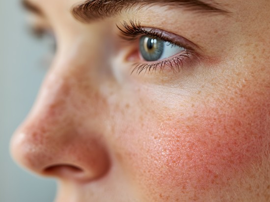 Kobieta prezentuje policzek z trądzikiem różowatym.