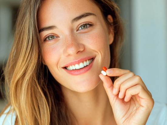 Uśmiechnięta kobieta trzyma w dłoni suplementy diety.