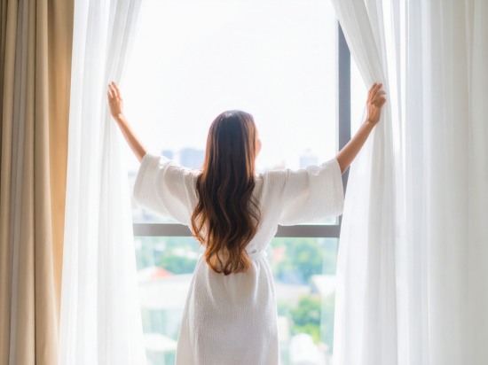 Kobieta w szlafroku stoi o poranku w oknie. Rozchyla firanki aby do pomieszczenia wpadło dzienne światło.