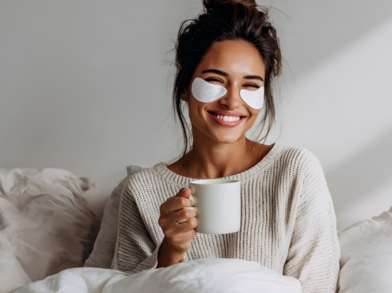 Uśmiechnięta kobieta z kubkiem gorącego napoju siedzi w łóżku z płatkami pielęgnacyjnymi pod oczami.