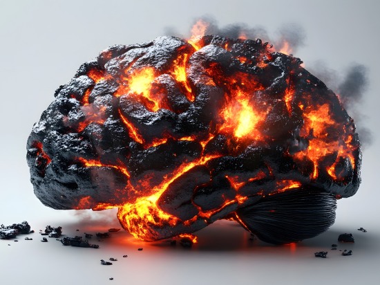 Płonący mózg symbolizujący przeciążenie psychiczne.