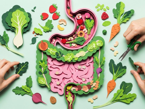 Ilustracja jelit z warzywami – wpływ diety i stresu na trawienie.