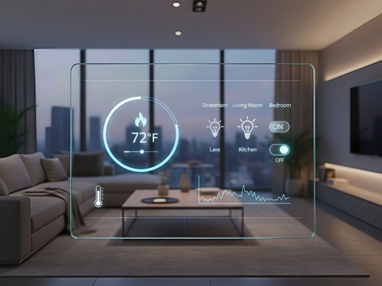 Ilustracja kokpitu inteligentnego domu na tle salonu.